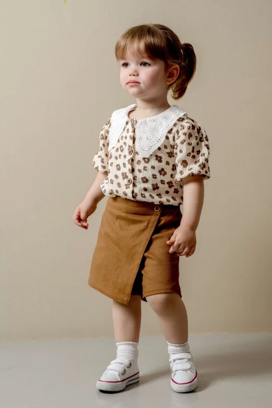 Leopar Desenli Müslin Kumaş Gömlekli Şort Etekli 2’li Takım