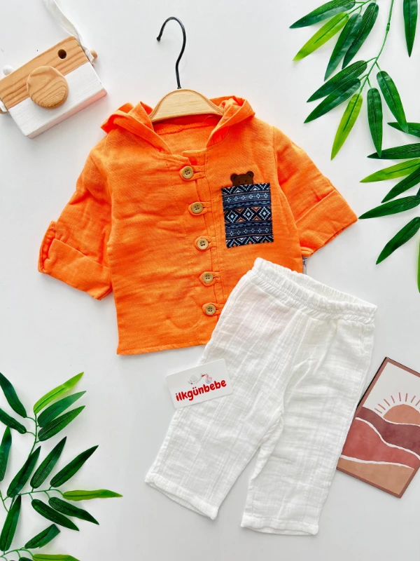 Müslin Kumaş Kapşonlu Önden Ahşap Düğmeli İkili Kampanyalı Takım