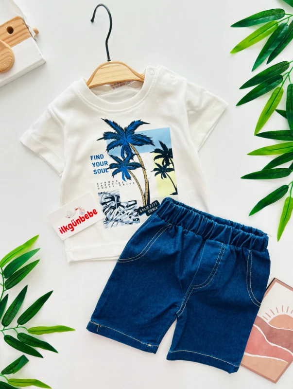 Palmiye Baskılı Kot Şortlu Kısa Kollu Premimum Kalite Takım