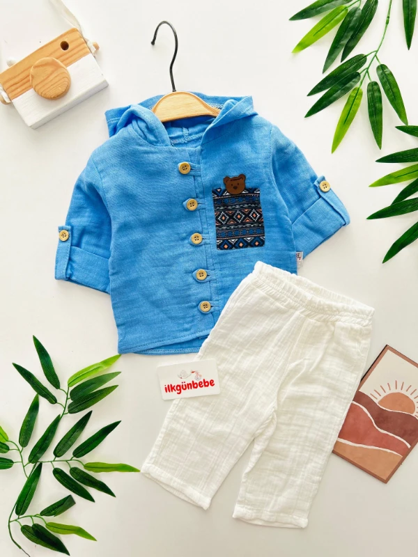 Müslin Kumaş Kapşonlu Önden Ahşap Düğmeli İkili Kampanyalı Takım