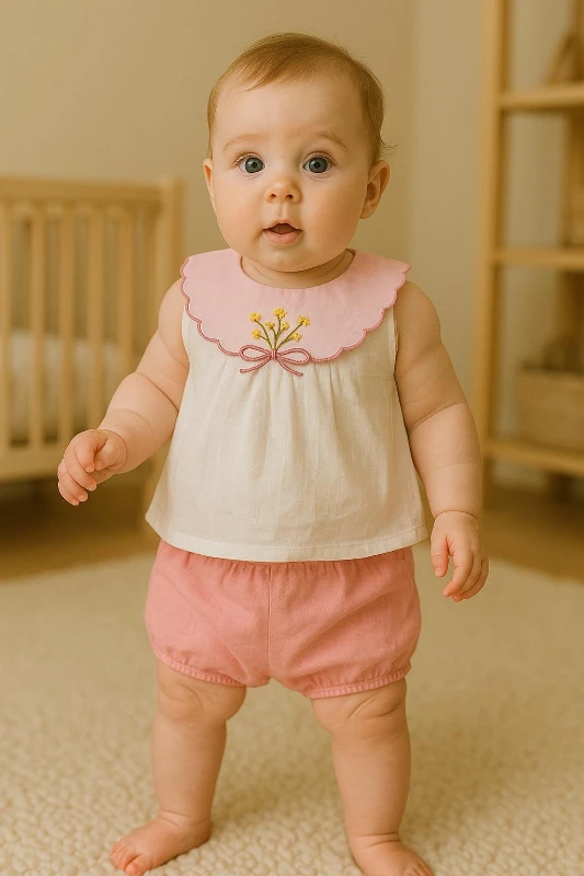 Fiyonk Çiçek Nakış Detaylı Arkadan Çıtçıtlı Şortlu 2’li Takım