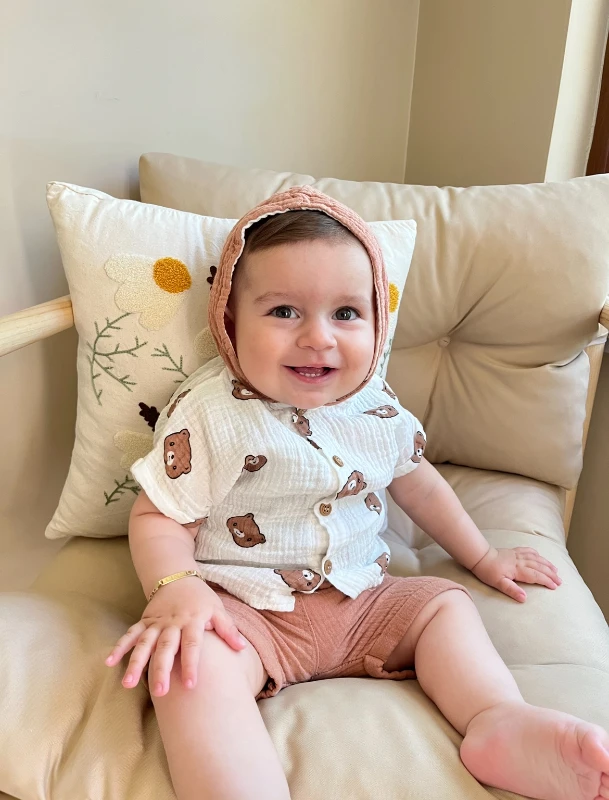 Teddy Bear Kapüşonlu Müslin %100 Pamuk 2’li Şortlu Takım