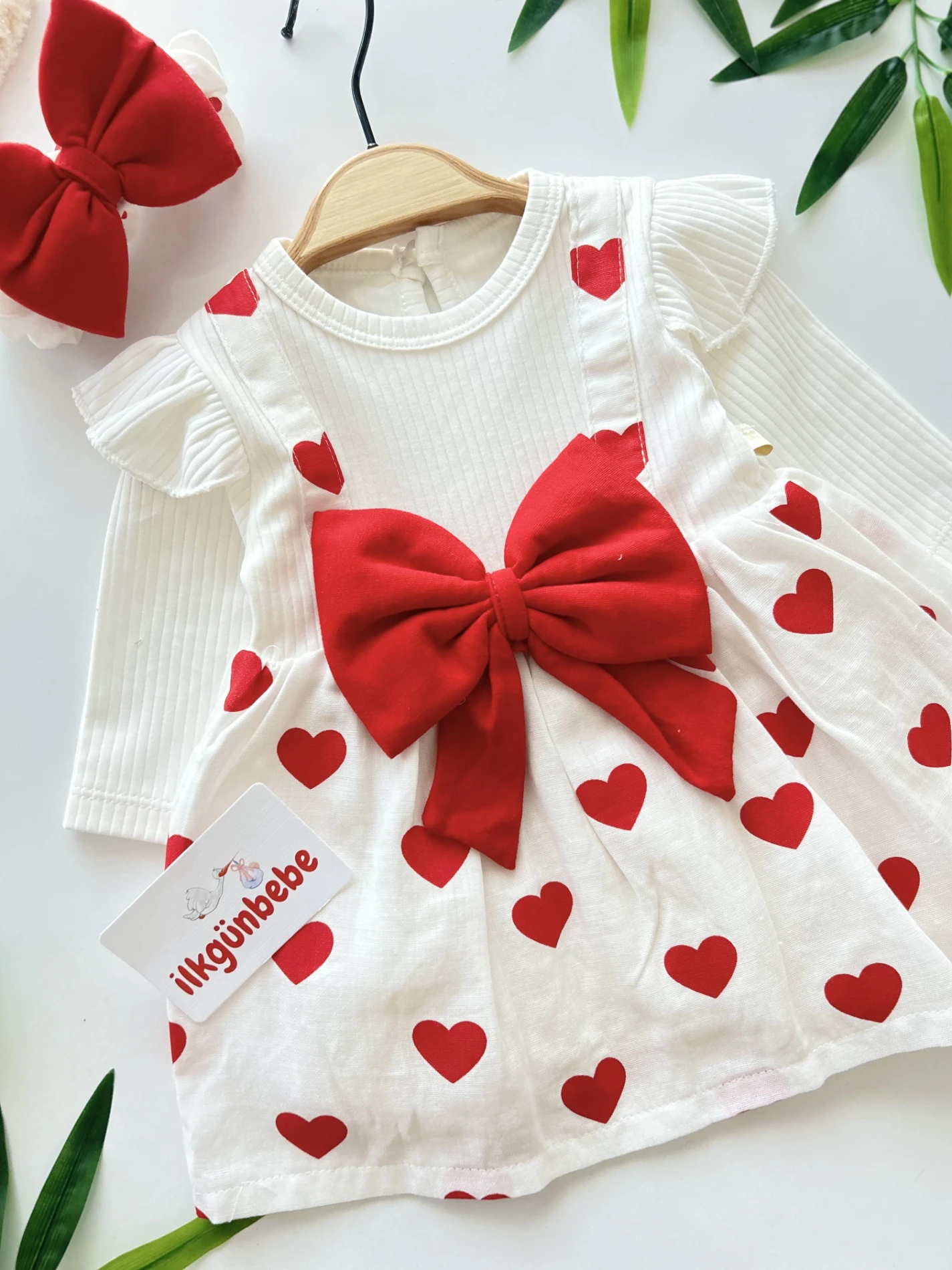 Büyük Fiyonk Detaylı Kalp Desenli Astarlı Elbise Bandana Set