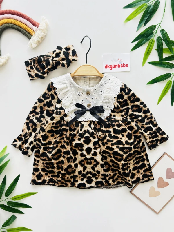 Leopar  Desenli Desenli Astarlı Elbise Bandana Set