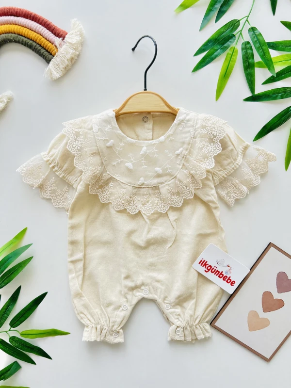 Çiçek Dantel Yaka Detaylı Kol Detaylı Keten Tulum