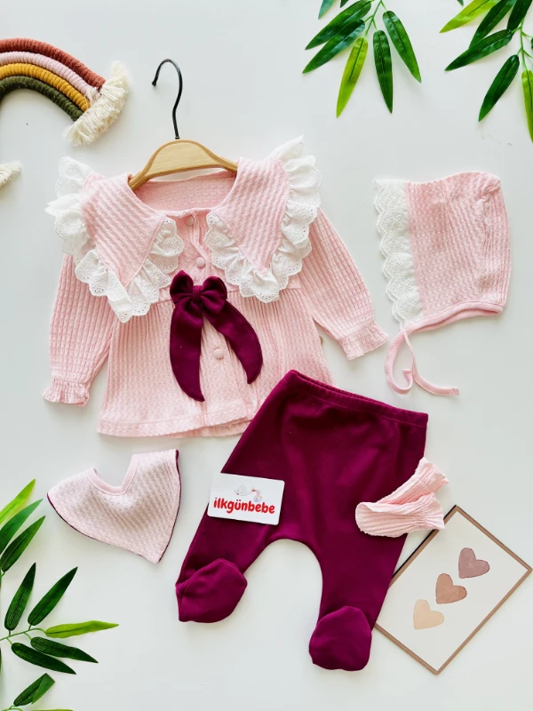 Fisto Yaka Fiyonk Detaylı 5 Parça %100 Pamuk Yenidoğan Hastane Çıkışı Seti