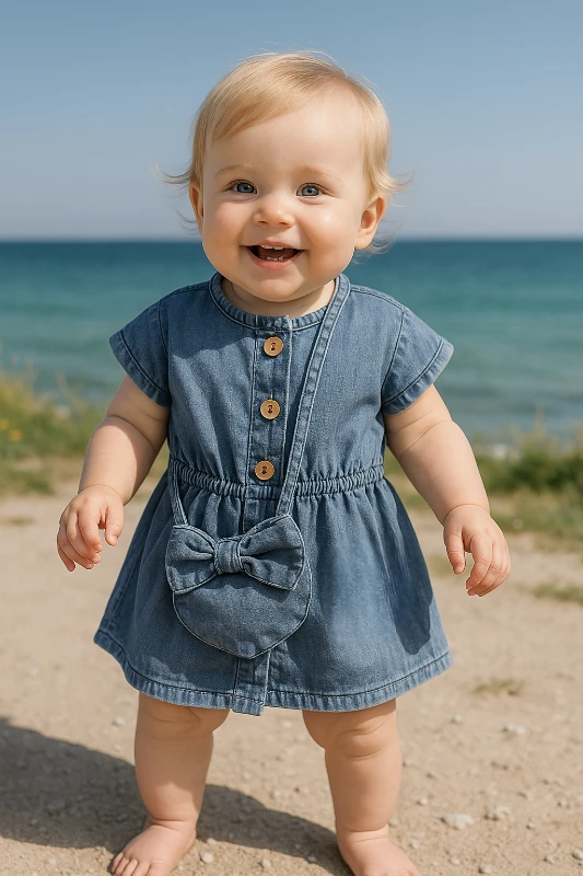 Kalp Çantalı Likralı Kot Kumaş Ahşap Düğmeli Elbise Set