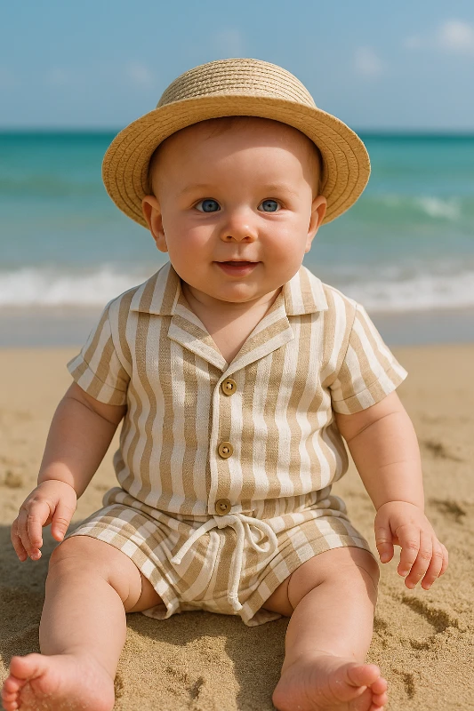 Çizgili Müslin Kumaş Gömlekli Şortlu Yazlık Takım