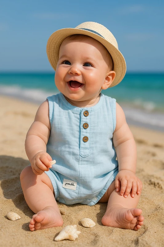 Müslin Kumaş Ahşap Düğmeli Yazlık Tulum