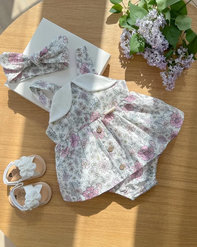 Etnik Çiçek Desenli Bandanalı Romper Tulum Set