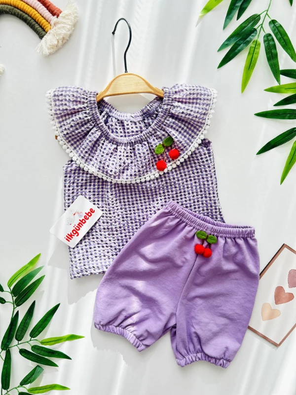 Kiraz Detaylı Ekose  Desenli Yazlık Takım