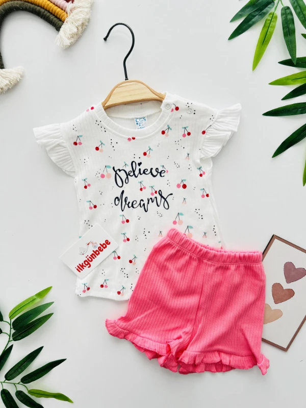 Kiraz  Desenli Fırfır Detaylı 2’li Takım