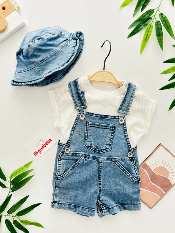 Likralı Yumuşacık Kot Kumaş Bucket Kot Şapkalı Waffle Nefes Alan Kumaş Tişörtlü 3’lü Takıl