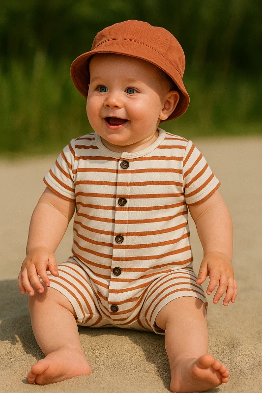 Çizgili Desenli %100 Pamuk Yazlık Tulum Bucket Şapkalı Set