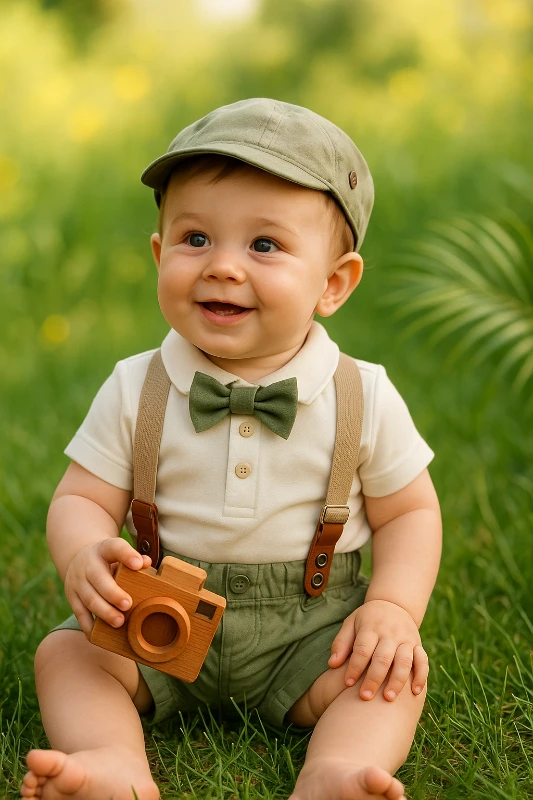 Askı Kemerli Şapkalı Papyonlu Likralı Şort Polo Yaka Badi 5li Yazlık Erkek Bebek Takım