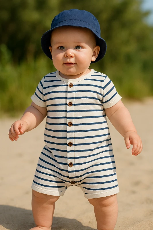 Çizgili Desenli %100 Pamuk Yazlık Tulum Bucket Şapkalı Set