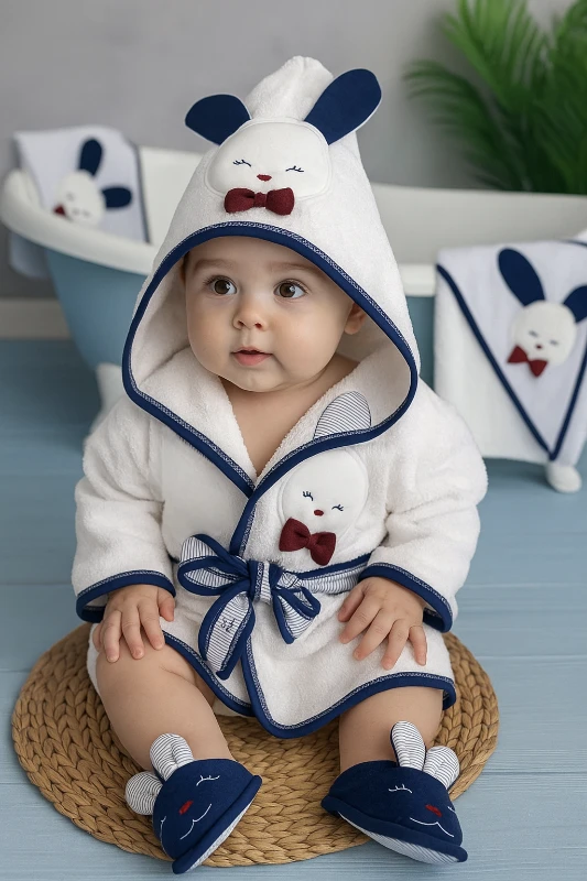 4 Parça Bornozlu Havlulu %100 Pamuk Organik Set