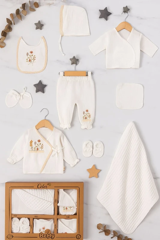 Müslin Kumaş Pamuklu Çiçek Nakışlı Kanaviçe Desenli Yenidoğan  10Lu Hastane Çıkış Seti 