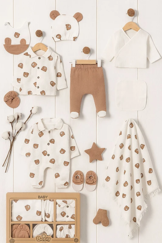 Müslin Kumaş Pamuklu Bear Baskılı 10 Parça Yenidoğan Hastane Çıkış Seti