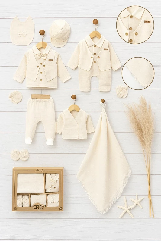 Pamuklu Müslin Kumaş Papyon Ve Ceket Detaylı 10 Parça Yenidoğan Erkek Hastane Çıkış Seti