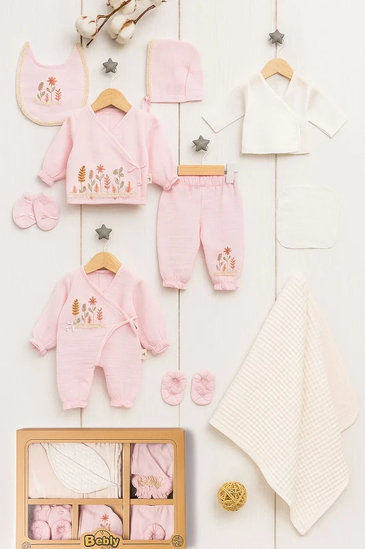 Müslin Kumaş Pamuklu Çiçek Nakışlı Kanaviçe Desenli Yenidoğan  10Lu Hastane Çıkış Seti 