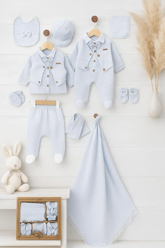 Pamuklu Müslin Kumaş Papyon Ve Ceket Detaylı 10 Parça Yenidoğan Erkek Hastane Çıkış Seti