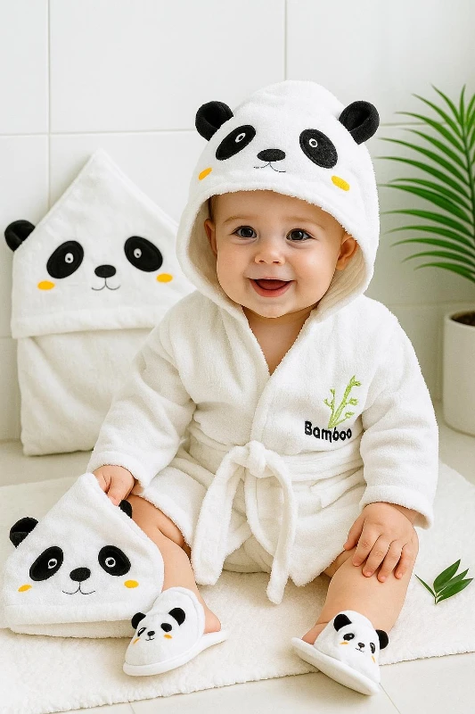 Panda %100 Pamuk Organik Terlikli 3 Parça Bornoz Seti