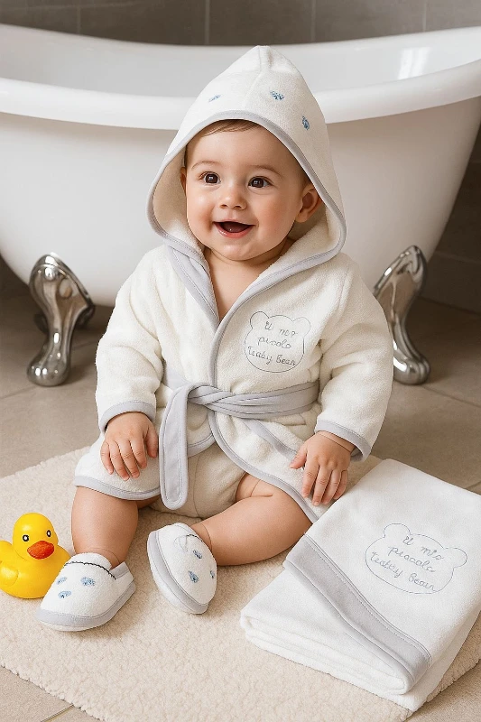 4 Parça Bornozlu Havlulu %100 Pamuk Organik Set