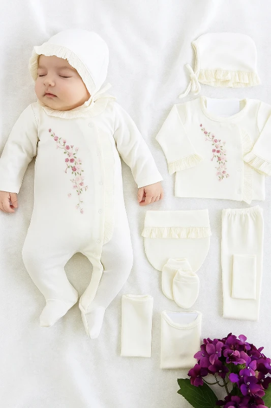 Bella 10 Parça Ultra Lux Premium Koleksiyon Yenidoğan Çiçek İşlemeli Hastane Çıkışı Seti