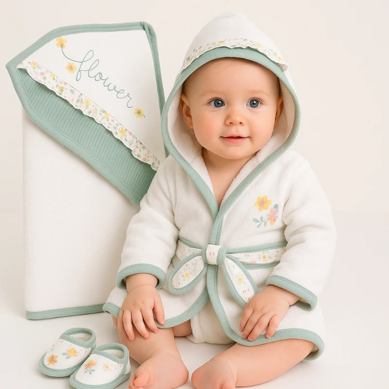 Çiçek Desenli %100 Pamuk Organik Kumaş Havlulu Terlikli Bornoz Seti