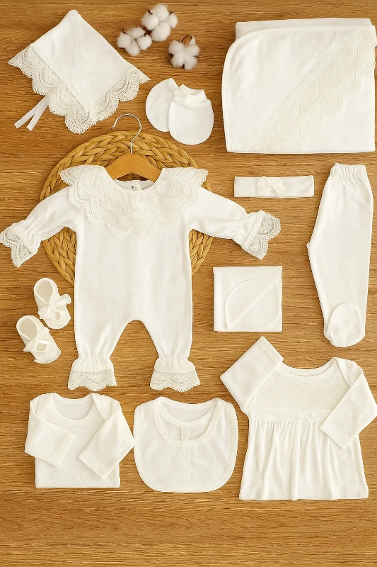 Dantelli Güpür Yakalı 10 Parça %100 Pamuk Premium Kalite Yendioğan Hastane Çıkışı Seti