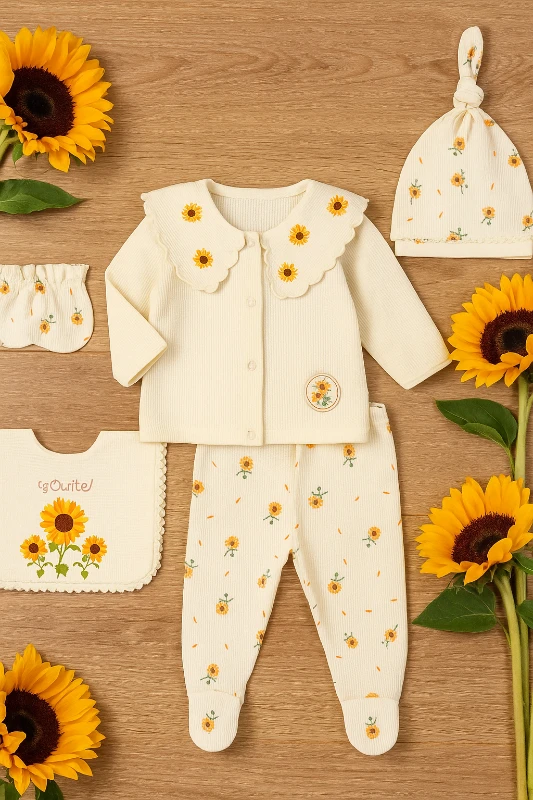 Ayçiçeği Nakışlı 5 Parça %100 Pamuk Yenidoğan Hastane Çıkışı Seti