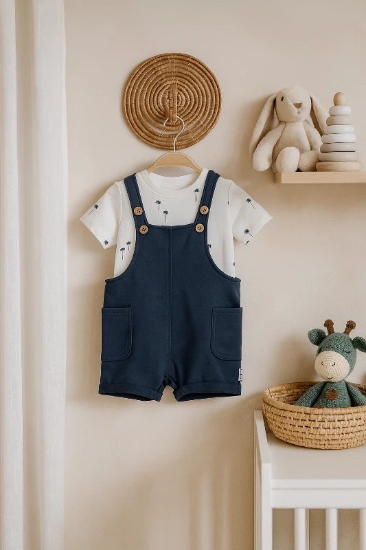 Salopet Palmiye Baskılı Omuzdan Çıtçıtlı Badi Yazlık Erkek Bebek Takım