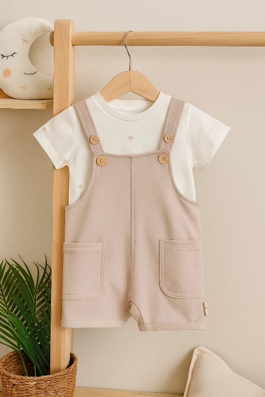 Salopet Palmiye Baskılı Omuzdan Çıtçıtlı Badi Yazlık Erkek Bebek Takım