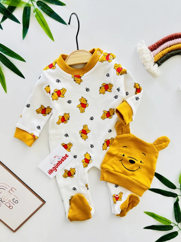 Winnie The Pooh Baskılı %100 Pamuk Tulum Set