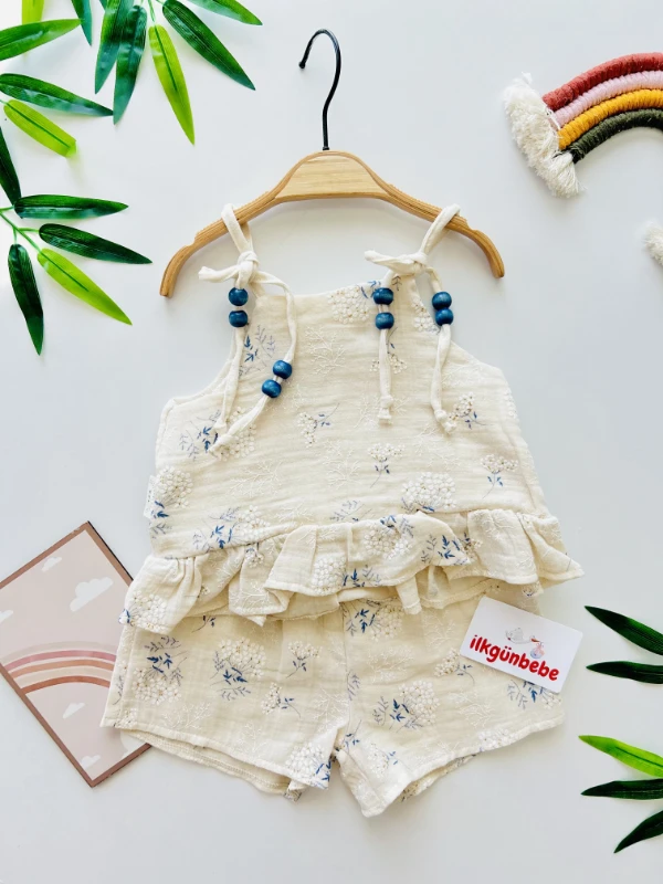 Boncuklu İp Askılı Çiçek Desenli  Müslin Takım