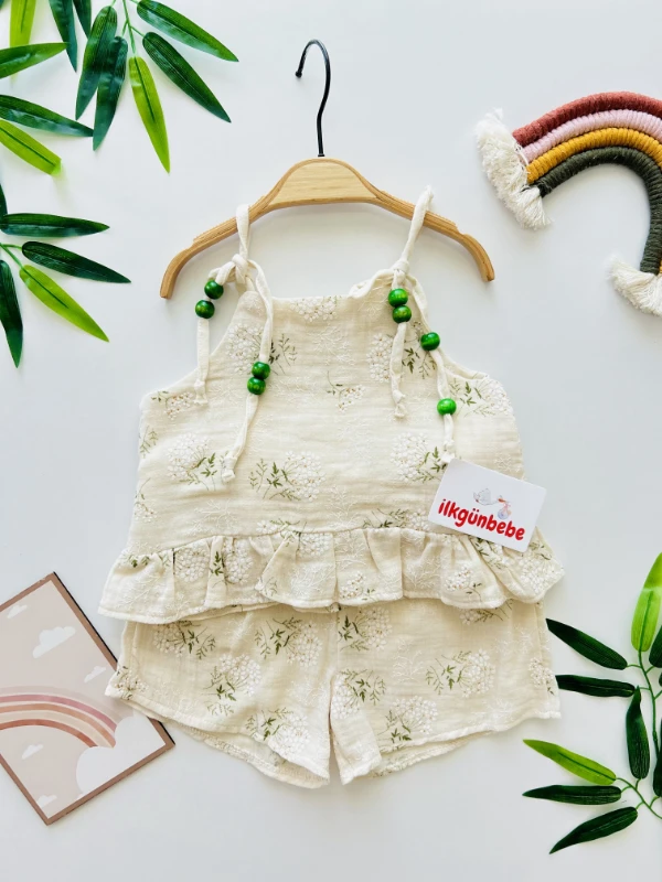 Boncuklu İp Askılı Çiçek Desenli  Müslin Takım