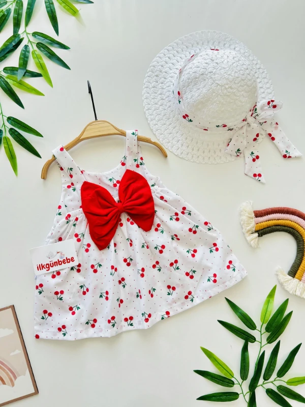Arkası Fiyonklu Kiraz Desenli Şapkalı Elbise 2’li Set