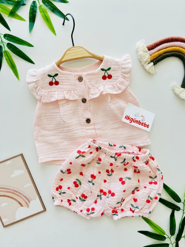 Kiraz Nakış İşlemeli Müslin Kumaş 2’li Takım