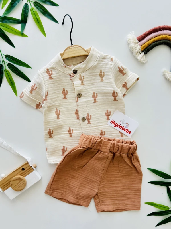 Kaktüs Temalı %100 Pamuk Müslin Kumaş 2’li Takım