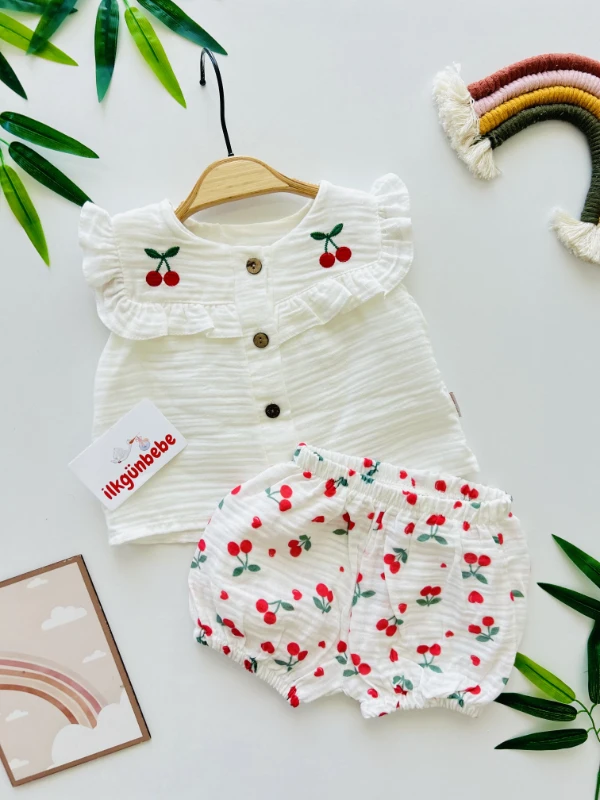 Kiraz Nakış İşlemeli Müslin Kumaş 2’li Takım