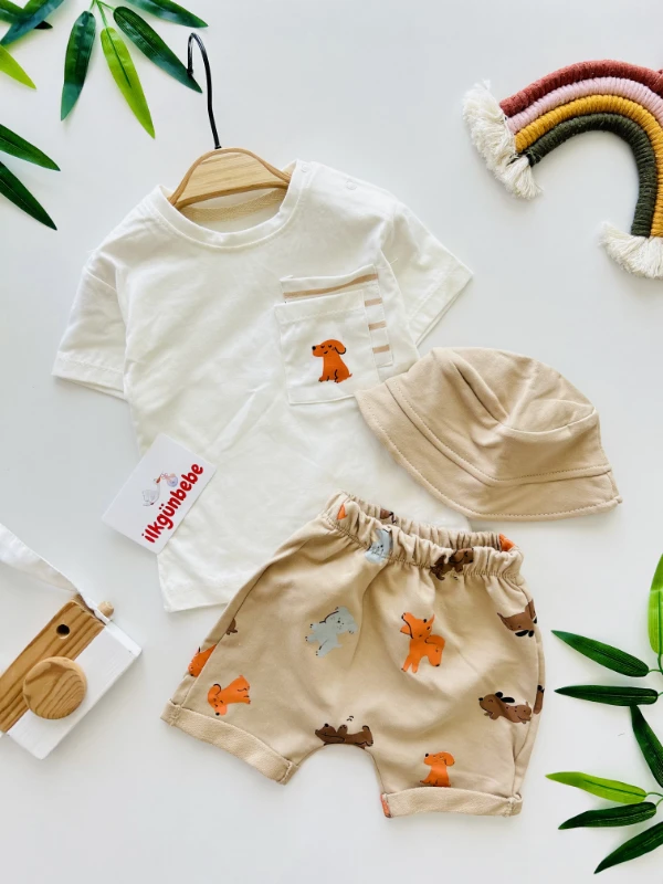 Little Köpek Desenli Bucket Şapkalı Şortlu 3’lü Takım