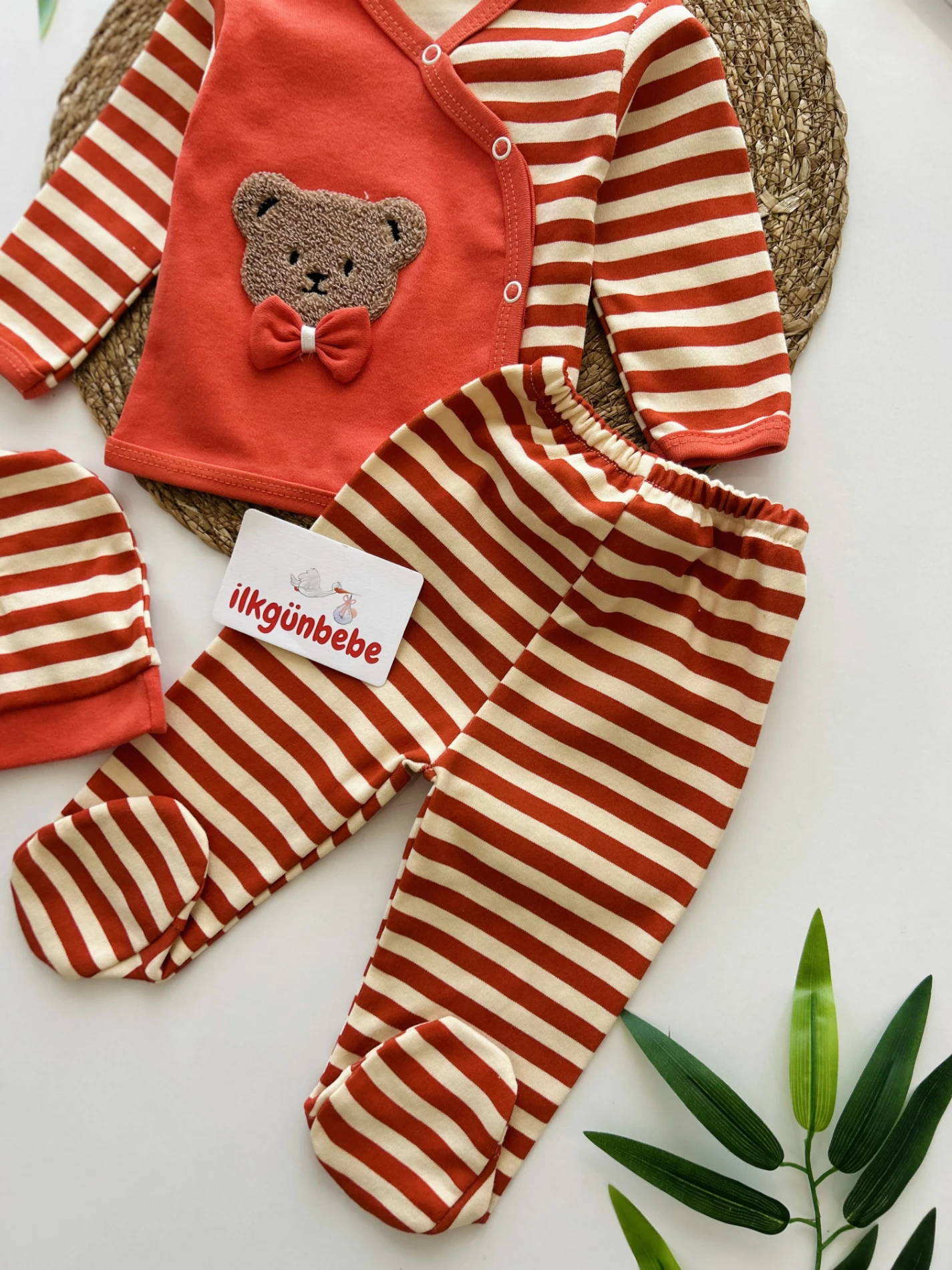 Teddy Bear Çizgili 3 Parça %100 Pamuk Yenidoğan Hastane Çıkışı Seti