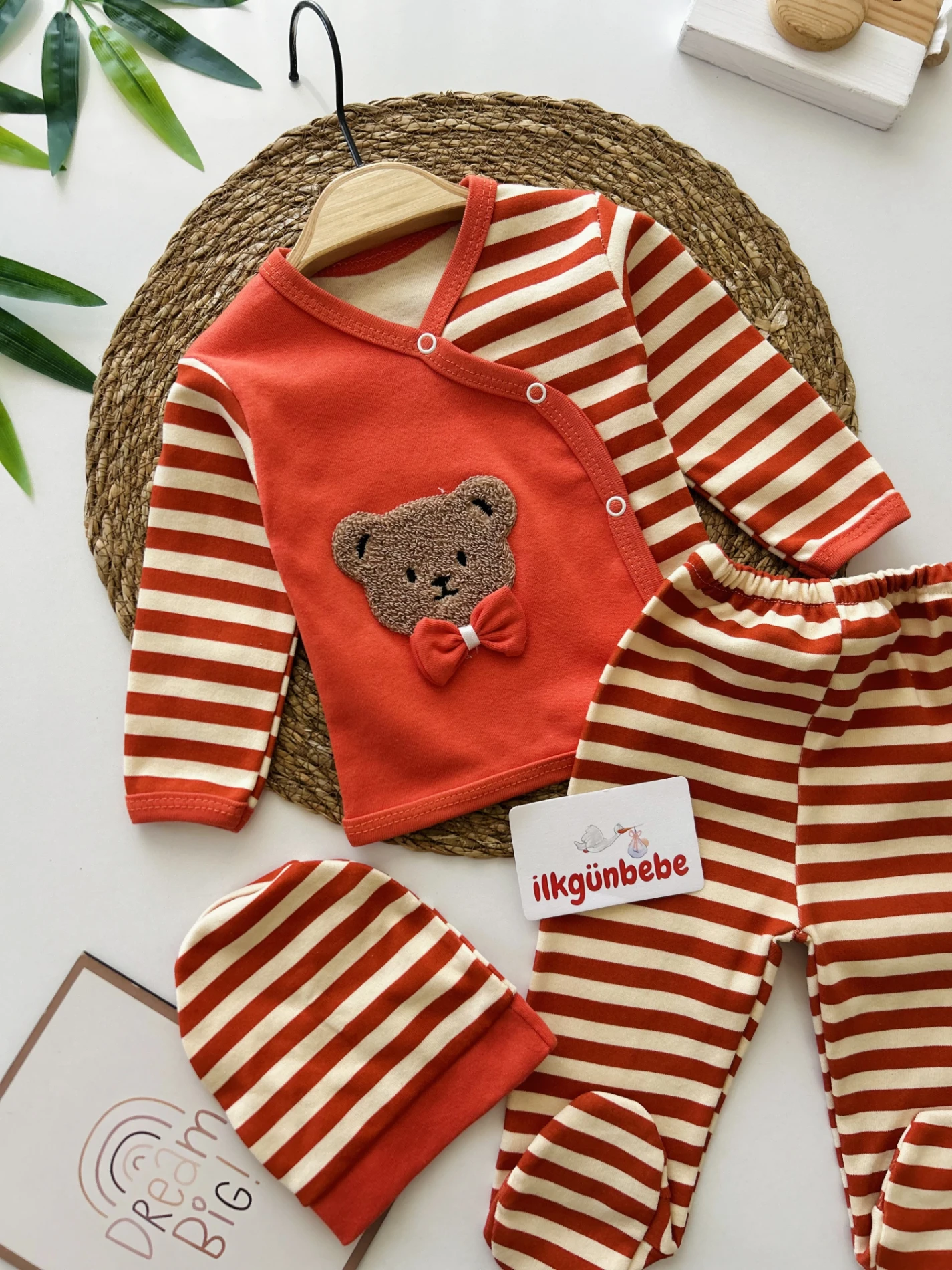 Teddy Bear Çizgili 3 Parça %100 Pamuk Yenidoğan Hastane Çıkışı Seti