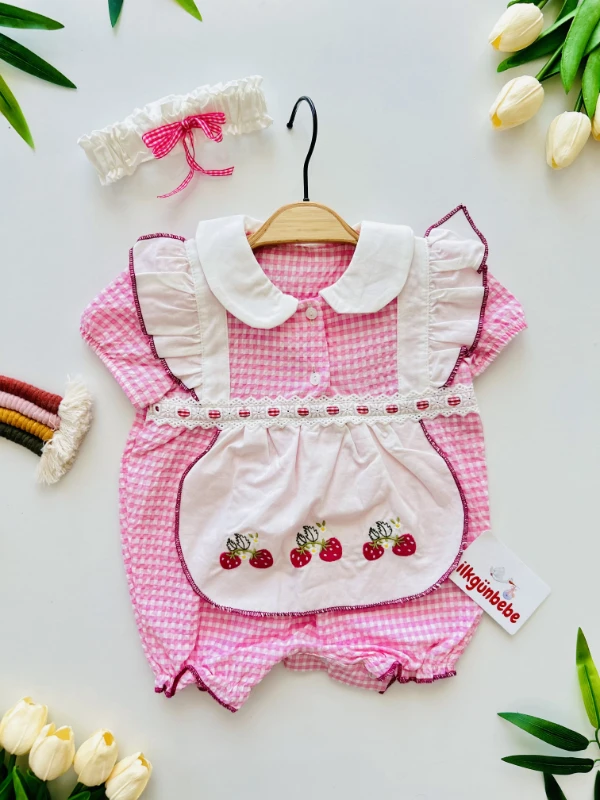 Hermosa Kiraz Desenli Ekoseli Bandanalı Tulum Set