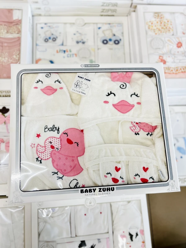 Ördek Desenli %100 Pamuk Organik 4 Parça Bornoz Set