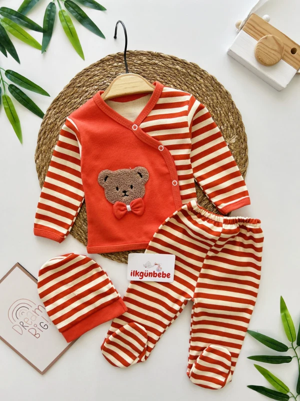 Teddy Bear Çizgili 3 Parça %100 Pamuk Yenidoğan Hastane Çıkışı Seti