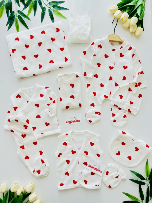 10 Parça %100 Pamuk Kalp Desenli Yenidoğan Hastane Çıkışı Seti