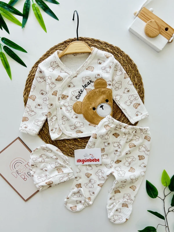 Cute Bear Çizgili 3 Parça %100 Pamuk Yenidoğan Hastane Çıkışı Seti