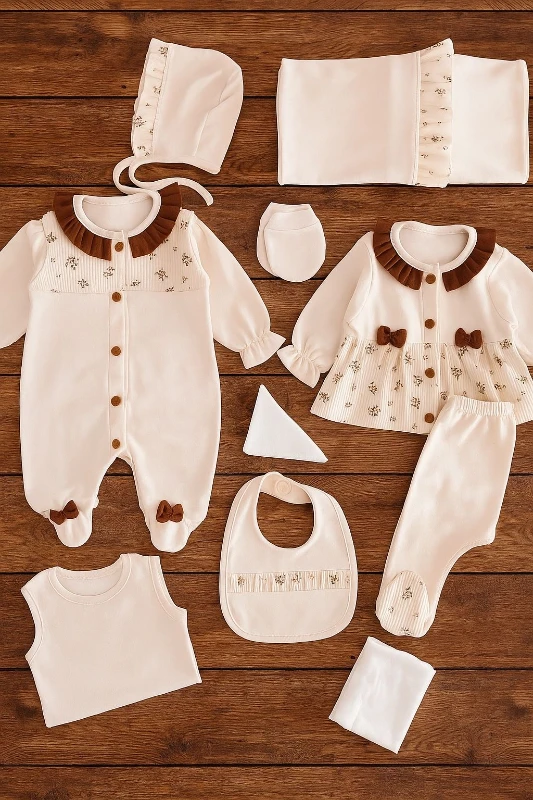 Çiçek Desenli 10 Parça %100 Pamuk Yenidoğan Hastane Çıkışı Seti